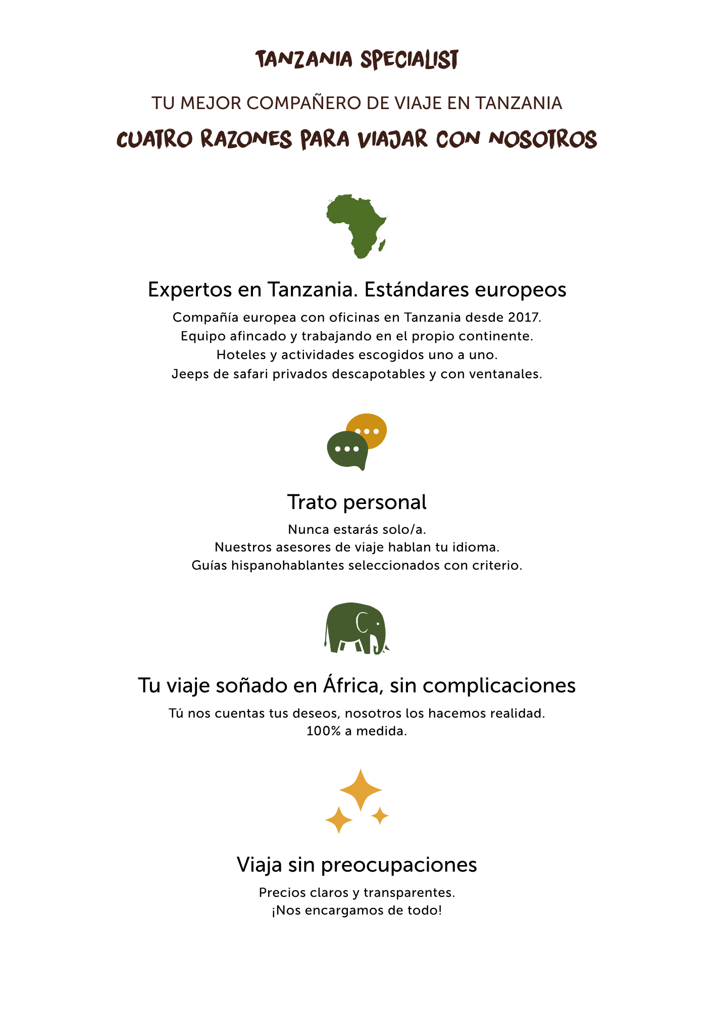Why book with Tanzania Specialist Por qué reservar con Tanzania Specialist